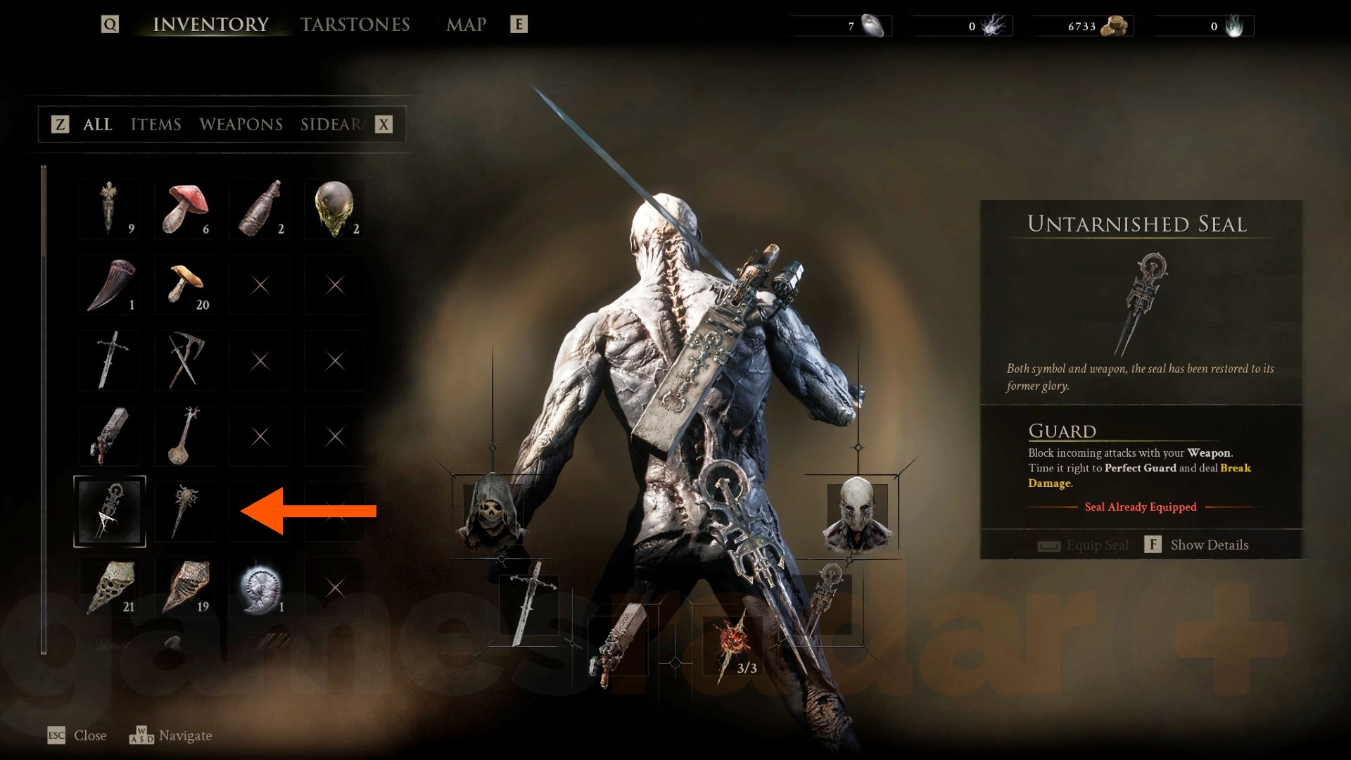 Mortal Shell II inventory showing equipped Seals