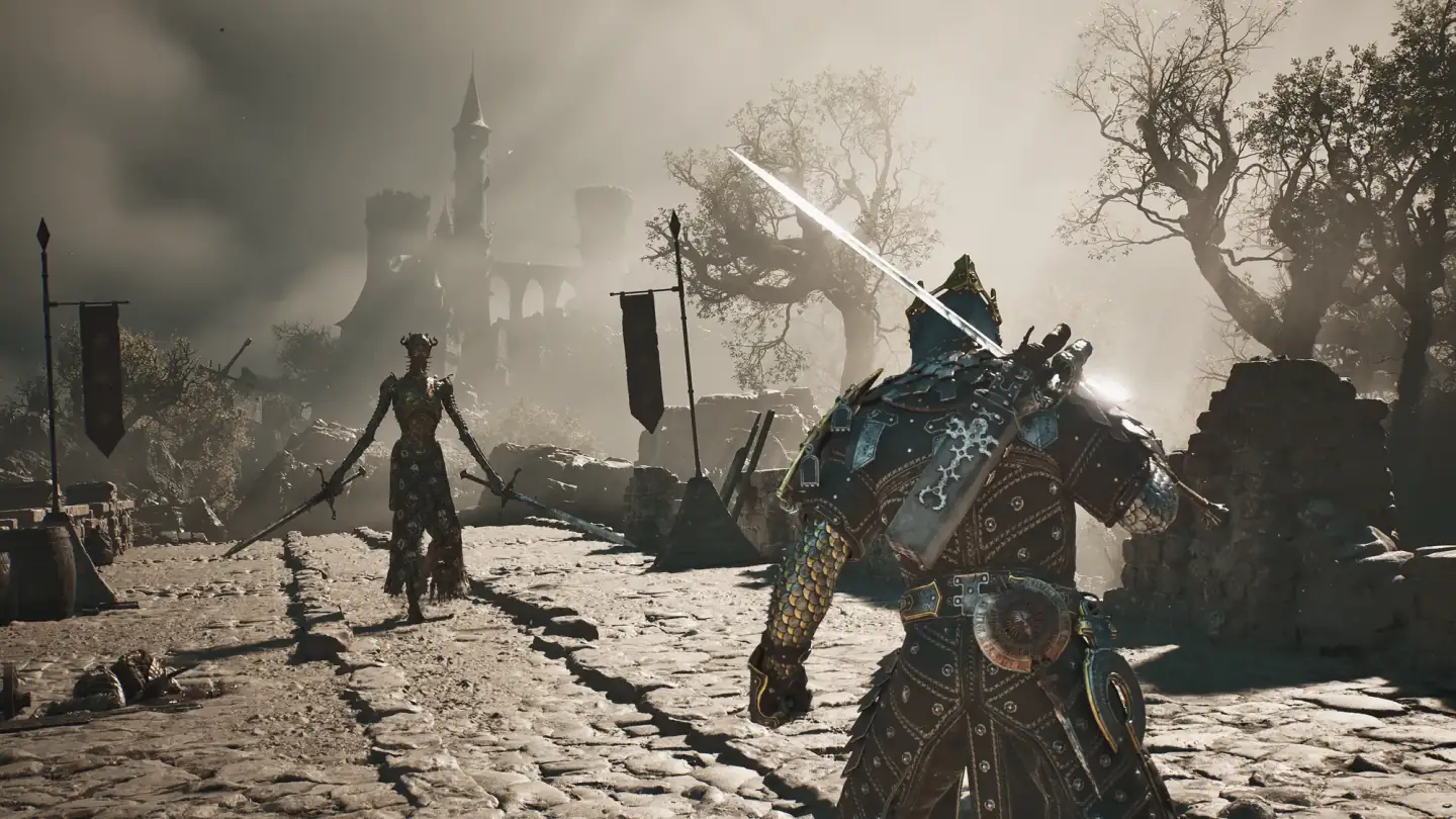 Mortal Shell II Harbinger facing a horned boss on a ruined stone bridge