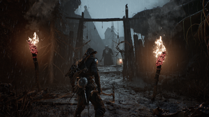 Mortal Shell II gameplay scene on a torch-lit path